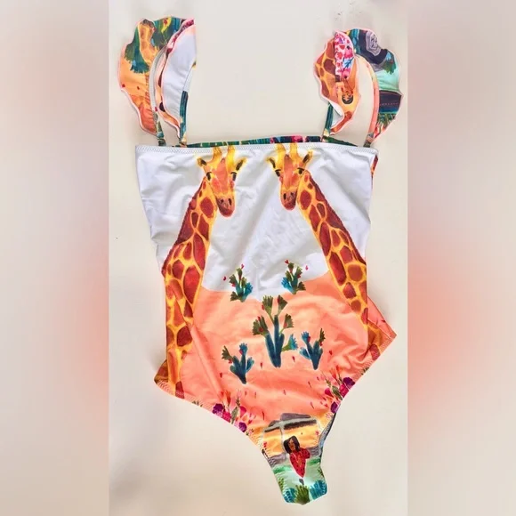 CAROLINA K. Giraffe Print Ruffle Sleeve One Piece Boho Swimsuit - Picture 3 of 16